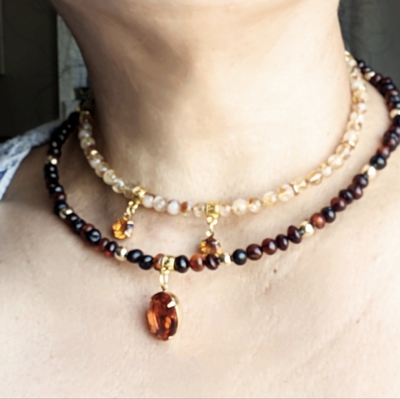 11 Carats Natural Whiskey Citrine & Baltic Amber Two Strand Choker Necklace - Picture 8 of 9